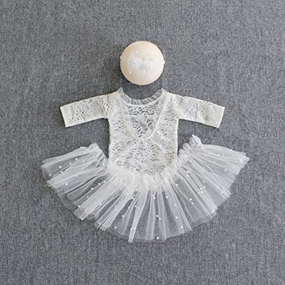 Zeroest Newborn Photography Outfits Girl Lace Romper Newborn Photography Props Rompers Baby Girls Skirt Photoshoot 3 PCS - color: White-long Sleeve