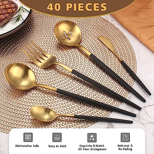 5-Piece Matte Black Gold Stainless Steel Large Hostess Set With Round Edge Satin Finish Dishwasher Safe - Large Serving Set Including Fork, Knife, Sugar Spoon And Slotted Spoon - color: Blackgold, size: 5-piece