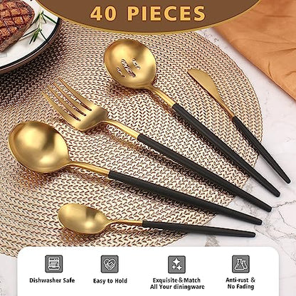 5-Piece Matte Black Gold Stainless Steel Large Hostess Set With Round Edge Satin Finish Dishwasher Safe - Large Serving Set Including Fork, Knife, Sugar Spoon And Slotted Spoon - color: Blackgold, size: 5-piece