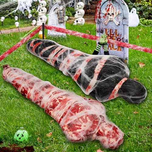 2 Sets Halloween Hanging Cocoon Corpse, 64'' Bloody Inflatable Cocoon Outdoor Decoration Set with Bandage, Scary Dead Body Prop Decor for Outdoor Halloween Party House Yard (Black,Red) - color: Red-Black