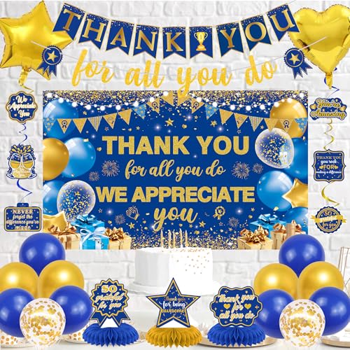 Vlipoeasn We Appreciate You Banner Decorations, Blue Gold Thank You for All You Do Backdrop Banner Honeycomb Centerpieces, Retirement Office Decor Staff Teachers Professors Doctor Nurses Appreciation - style: Bue Gold