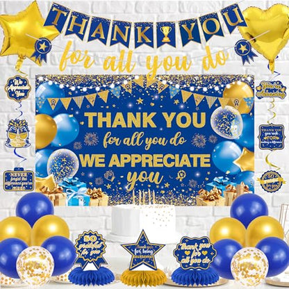 Vlipoeasn We Appreciate You Banner Decorations, Blue Gold Thank You for All You Do Backdrop Banner Honeycomb Centerpieces, Retirement Office Decor Staff Teachers Professors Doctor Nurses Appreciation - style: Bue Gold