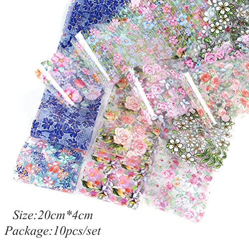 Flowers Nail Foil Transfer Stickers Colorful Floral Nail Foil Decals Designs Supplies Acrylic Nail Art Sticker for Women Manicure Tips Decorations Set Bright Colors Nail Art Film (10 Sheets - style: Colorful Floral