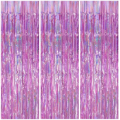 3 Pack Foil Curtain Backdrop 3.3x6.6 ft Tinsel Fringe Curtains for Parties Metallic Streamers Photo Booth Props,Wedding & Birthday,Holiday Decorations Disco,Bachelorette,Door Hanging Decor (Pink) - color: Pink