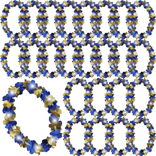 Sherr 24 Pcs Graduation Leis Class of 2026, Light up Leis Blue and Gold, LED Hawaiian Flower Necklace Party Supplies for Graduation Ceremony, Senior Night, Prom, Wedding, Tropical Luau - color: Blue Gold