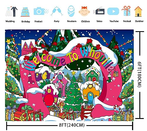 Welcome to Whoville Backdrop 8x6FT Winter Christmas Village Photography Background for Kids First Birthday Baby Shower Happy New Year Xmas Holiday Party Decoration Supplies Photo Props - size: 8x6FT