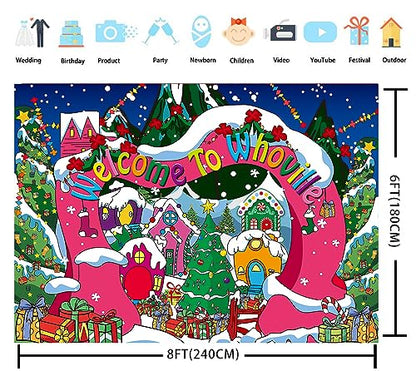 Welcome to Whoville Backdrop 8x6FT Winter Christmas Village Photography Background for Kids First Birthday Baby Shower Happy New Year Xmas Holiday Party Decoration Supplies Photo Props - size: 8x6FT