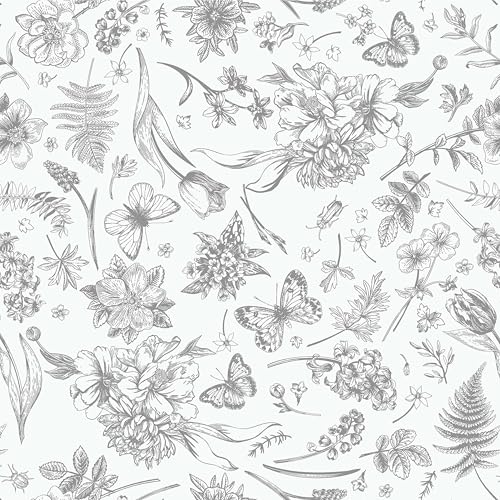 Peel and Stick Wallpaper Floral Gray Leaves Contact Paper Butterfly Boho 17.3" x 78.7" Flower Removable Self-Adhesive Wallpaper for Bedroom Waterproof Shelf Liner Decal Vinyl Roll - color: Grey and White, size: 17.3" x 78.7"