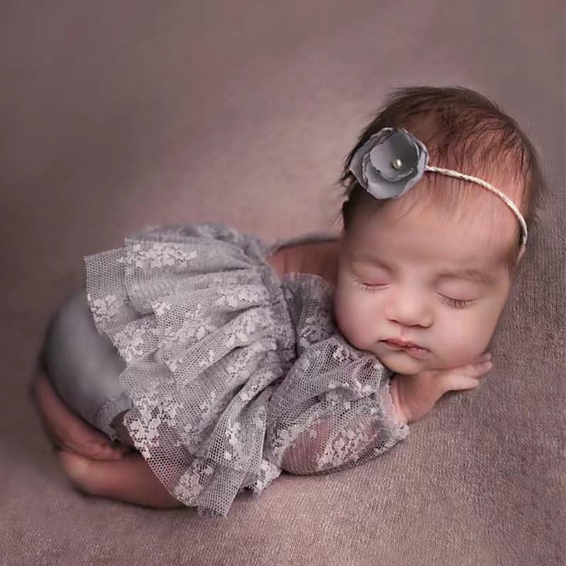 Newborn Photography Outfits Girl Baby Photo Tutu Dress Newborn Photoshoot Romper Baby Picture Lace Outfit - color: Grey