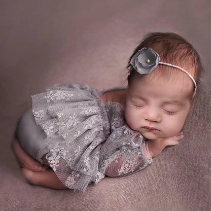 Newborn Photography Outfits Girl Baby Photo Tutu Dress Newborn Photoshoot Romper Baby Picture Lace Outfit - color: Grey