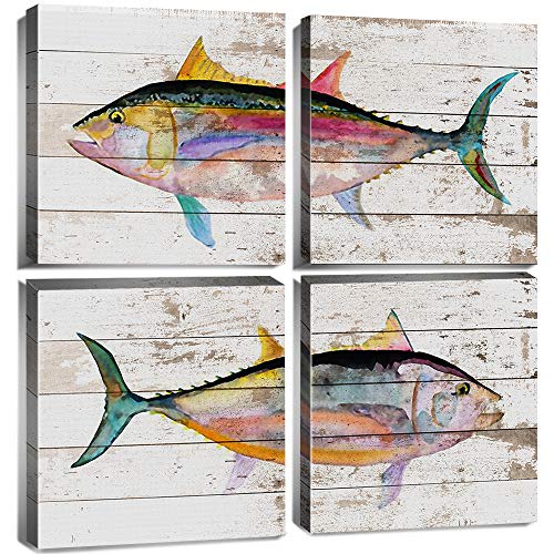 Beach Fish Wall Art Bathroom Decor Vintage Coastal Tuna Fish Picture Living Room Colorful Abstract Sea Fishes Canvas Prints Farmhouse Ocean Animal Nautical Poster Kitchen Home Decoration 12x12" 4P - color: Sea Fish, size: 12"l X 12"w