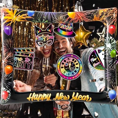 2026 New Year Photo Booth Inflatable Frame Kit, 30Pcs Fluorescent Color New Years Photo Booth Props with Inflatable Picture Frame for New Year Eve Party Selfie Props Supplies - color: Fluorescent Color