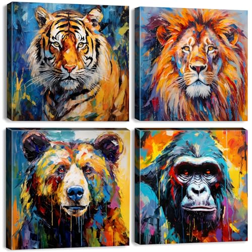 Abstract Bear Canvas Wall Art Colorful Tiger Lion Chimpanzees Picture Man Kids Bedroom Wall Decor Street Pop Graffiti Framed Canvas Prints Artwork for Living Room Toddler Room Home Decoration 16x16" 4P - color: Graffiti Animal, size: 16"l X 16"w