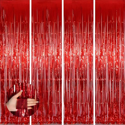 Valentines Day 4 Pack 3.3 * 8.3 ft Foil Curtain Metallic Tinsel Fringe Curtains Photo Booth Props Backdrop for Birthday Wedding Engagement Baby Shower Christmas Holiday Celebration Partyl,Red - color: Red, size: 4 Pack