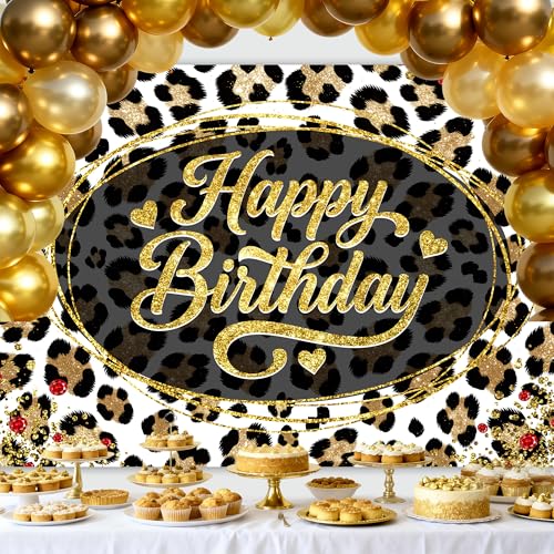 Leopard Print Happy Birthday Backdrop 7Wx5H Feet Fabric Polyester Golden Black Glitter Vintage Cheetah Fashion Cute Retro Woman Girly Photography Background Banner Photo Shoot Decor Prop - color: B-01leopard, size: 7Wx5H
