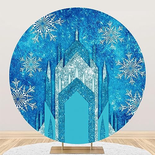 Renaiss 7.2x7.2ft Ice Freeze Castle Round Backdrop Cover Winter Wonderland Circle Photography Background Ice Snow World Snowflake Princess Girl Baby Shower Birthday Party Decor Arch Photo Booth Props - size: Diameter 7.2 ft