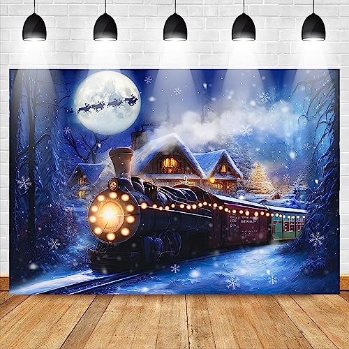 Mocsicka Christmas Train Backdrop for Photography Winter Train Xmas Snow Night Railway Party Background Wonderland Snowflake Portrait Photo Studio Props (6x4ft) - size: 6x4ft