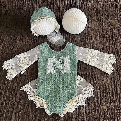 Zeroest Baby Photography Props Lace Hats Outfit Newborn Photo Shoot Outfits Infant Photos Baby Girl Photoshoot - color: Dusty Green