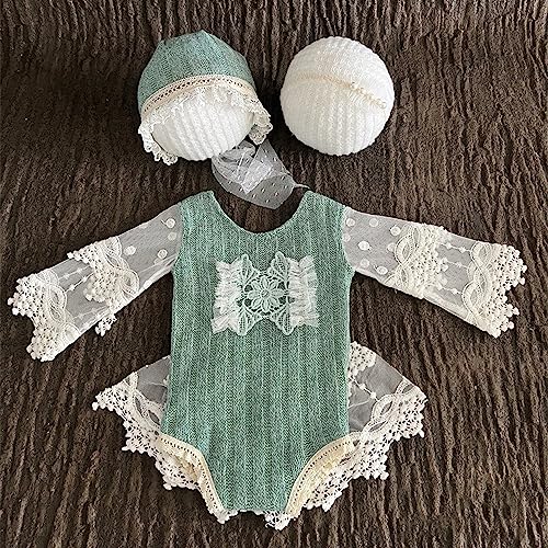 Zeroest Baby Photography Props Lace Hats Outfit Newborn Photo Shoot Outfits Infant Photos Baby Girl Photoshoot - color: Dusty Green