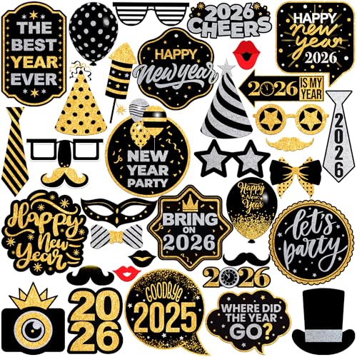 KatchOn, Huge New Years Photo Booth Props 2026 - Glitter, Pack of 35 | New Years Eve Photo Booth Props for New Years Eve Party Supplies 2026 | New Years Decorations 2026 | NYE Decorations 2026 - color: New Year Tie Props