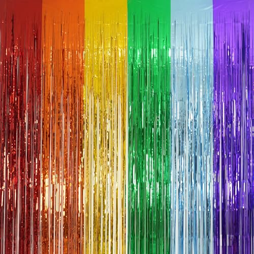 Rainbow Foil Fringe Curtains - GREATRIL Metallic Tinsel Streamers Backdrop for Birthday/Pride/Rainbow/Watermelon Themed Party Decorations 8.2ft x 3.2ft 2 Packs - color: Rainbow