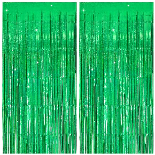 Tinsel Curtain Backdrop Green Birthday Party Decorations 2 Packs Glitter Foil Fringe Curtain Decor Streamers Photo Booth for Christmas Wedding Halloween Graduation - color: Green, size: 2 Pack