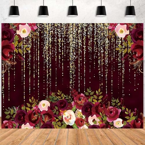 Red Rose Floral Theme Photography Backdrops Luxurious Vintage Red with Gold-Speckled Rose Backdrop Bridal Shower Wedding Anniversary Reception Ceremony Portrait Photo Booth Prop (C, 5 * 3feet) - color: C, size: 5*3feet