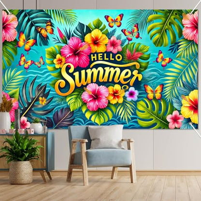 HOMETITUTE Hello Summer Banner 71 x 43 inch Summer Hawaiian Party Decorations Flower Butterfly Summer Outdoor Decorations Supplies Backdrop Tropical Beach Hawaiian Party Themed Photo Booth Props
