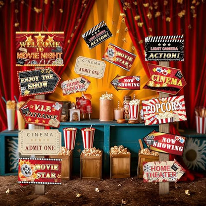 Hooqict 20 Pieces Movie Night Decorations Movie Themed Party Directional Signs for Cinema Welcome Now Showing Theater Film Birthday Party Decorations Supplies - style: Movie