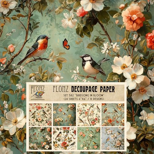 Decoupage Paper Pack (24 Sheets 6"x6") Birdsong in Bloom: Whimsical Birds and Blossoms in Soft Hues, Perfect for Nature-Inspired Crafting # Vintage Styled Paper for Craft and Scrapbooking - color: FortyFour