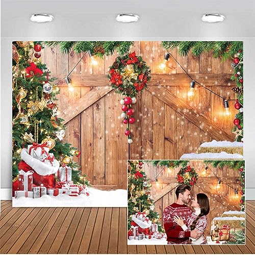 CHAIYA 7x5ft Christmas Backdrop Barn Wood Door Photography Backdrop Xmas Tree Snow Background Winter Xmas Party Supplies Christmas Family Kids Party Banner - size: 7′x5′