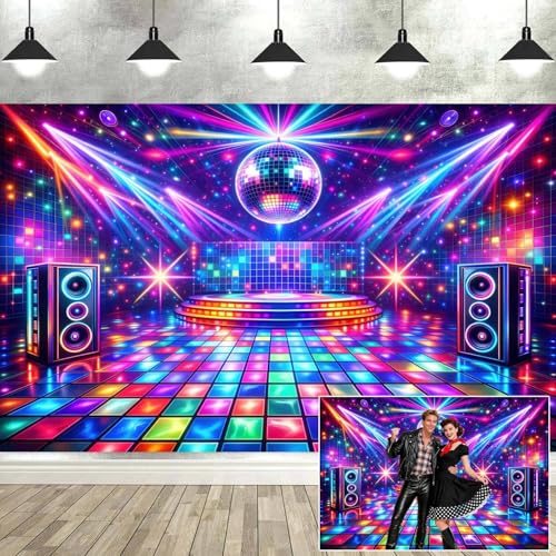 5X3ft Disco Party Backdrop Retro Neon Glitter Mirror Ball Dance Floor Photography Background for 70s 80s 90s Theme Birthday Party Dance Event Photo Booth Props - color: Multi7, size: 5x3ft