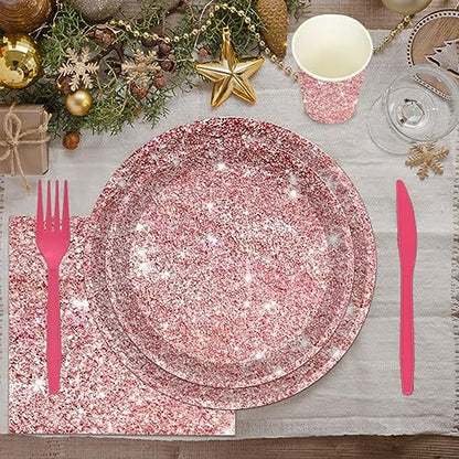 144PCS Pink Rose Gold Plates and Napkins Rose Gold Birthday Party Supplies Pink Rose Gold Party Tableware Set Pink Glitter Paper Plates Napkins Cups Forks Knives Birthday Baby Shower Decor Serve 24 - style: Pink