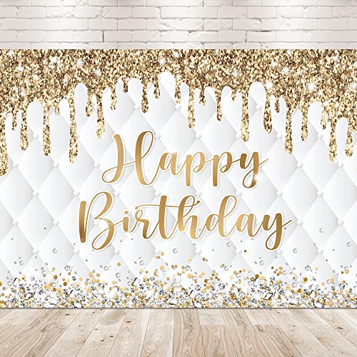 Newsely Gold White Happy Birthday Banner Decorations for Women Girls 7Wx5H Photography Gold Backdrop Party Supplies Dots Diamond Fluid Luxury Background Banner Photo Booth Props Supplies - color: A-Gold White, size: 7Wx5H