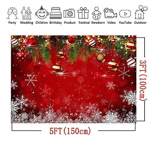 Snowflake Christmas Photography Backdrop for Winter New Year Eve Family Party 5x3ft Birthday Glitter Bokeh Sparkle Red Xmas Background Newborn Baby Shower Decoration Photo Booth Props