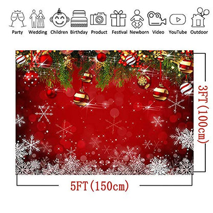 Snowflake Christmas Photography Backdrop for Winter New Year Eve Family Party 5x3ft Birthday Glitter Bokeh Sparkle Red Xmas Background Newborn Baby Shower Decoration Photo Booth Props
