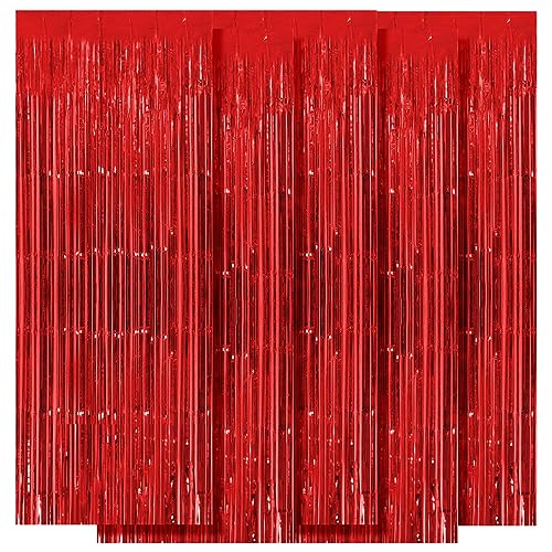 5 Pack Red Fringe Backdrop Curtains 3.2ft x 8.2ft Tinsel Foil Fringe Curtains Tinsel Backdrop Streamers for Birthday Party Decoration Christmas New Year Party Decorations (Red) - color: Red