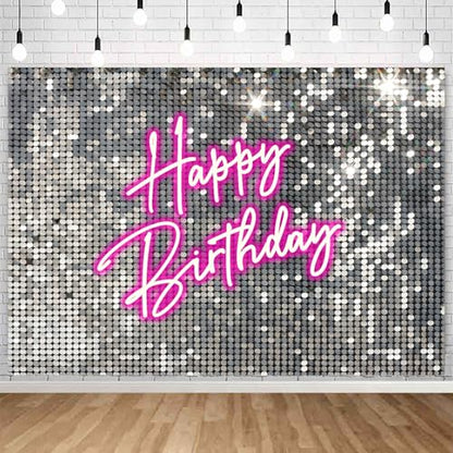 Withu Silver Sequins Pink Neon Happy Birthday Backdrop for Photography Shining Flash Stars Shimmer Wall Decoration Banner Princess Girls Women Bday Party Background 7x5ft - size: 7x5ft