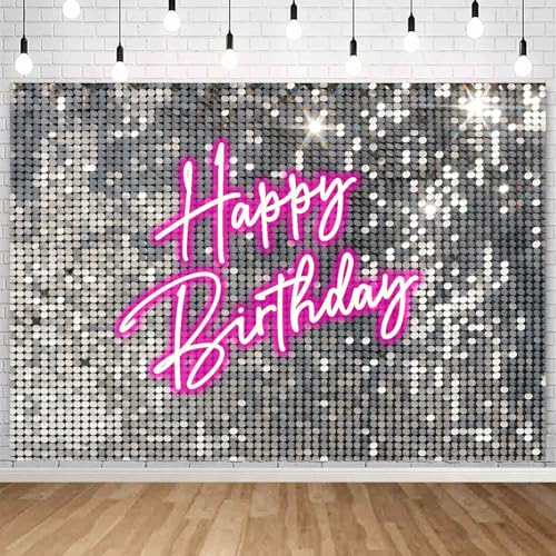 Withu Silver Sequins Pink Neon Happy Birthday Backdrop for Photography Shining Flash Stars Shimmer Wall Decoration Banner Princess Girls Women Bday Party Background 7x5ft - size: 7x5ft