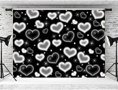 7X5ft Black White Heart Backdrop Aesthetic Love Photography Background Cute Hearts Pattern Photo Booth Banner for Valentine's Day Birthday Party Room Decoration - size: Black