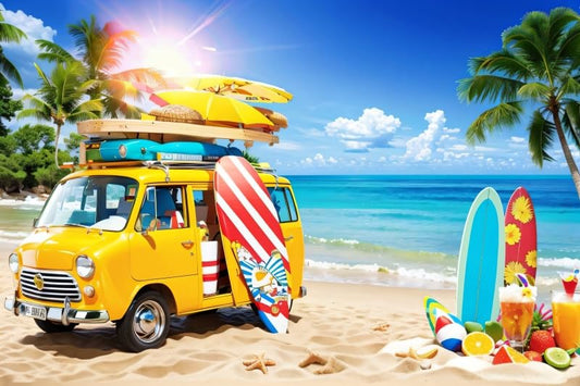 5x3ft Summer Ocean Beach Backdrop Tropical Palm Tree Vintage Car Surfboard Hawaiian Island Surfing Photography Background Luau Party Birthday Party Banner Photo Studio Props - color: Yellow, size: 5x3ft