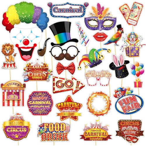 Carnival Photo Booth Props, Konsait 30Pcs Circus Carnival Photo Props - Carnival Theme Party Decorations Selfie Picture Props, Circus Photo Booth Props Party Favors