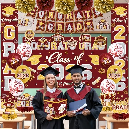 Graduation Decorations Class of 2026 Maroon and Gold Graduation Decorations with Congrats Grad Banner,Backdrop,Porch Sign,Balloons,Hanging Swirls,Honeycomb Centerpieces,Box for Graduation Party Decor - color: Maroon
