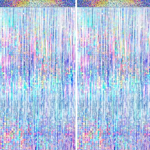 4 Packs Silver Foil Fringe Curtain, Silver Glitter Metallic Tinsel Backdrop for Birthday, Wedding, Baby Shower, Bachelorette, 70s 80s 90s Theme Disco Party, Iridescent Party Decorations Supplies - color: Silver