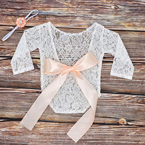 Newborn Lace Romper Baby Girl Outfit Photography Prop Vintage Romper with Ribbon Bow and Matching Headband