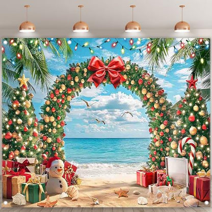 10x8ft Fabric Christmas Beach Backdrop Summer Xmas Tree Snowman Arch Seagull Tropical Hawaiian Photography Background Family Holiday Party Decor Photo Props - size: 10'x8'