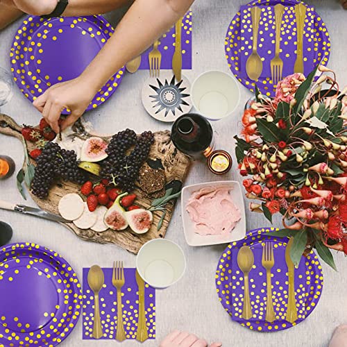 AIRE 350PCS Purple Gold Paper Plates Party Supplies for 50 Guests Party Decorations Disposable Dinnerware Paper Plates Cups Napkins Gold Plastic Forks Knives Spoons for Birthday Baby Shower Wedding - color: 350pcs Purple and Gold