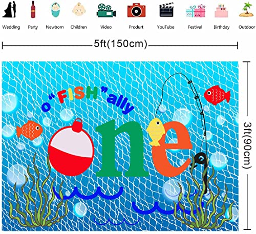 Gone Fishing 1st Birthday Party Photography Backdrop, 5X3FT, O Fish Ally Blue Fishing Nets Bubbles Background, Photo Booth Studio Props RBJYYLU79 - size: polyester microfiber fabric-5x3ft