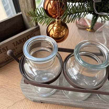 Vase Set with Flower and LED Lights, 3 Glass Mason Jars with Artificial Peony Flowers, Rustic Gray-Washed Wood Tray, Farmhouse Table Decor