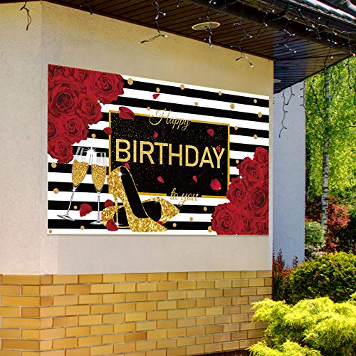 Sumind Happy Birthday Backdrop Red Glitter Roses Party Decor Black White Stripes Banner Gold High Heels Champagne Glass Photography Background for Women Birthday Party Supplies, 72.8 x 43.3 Inch